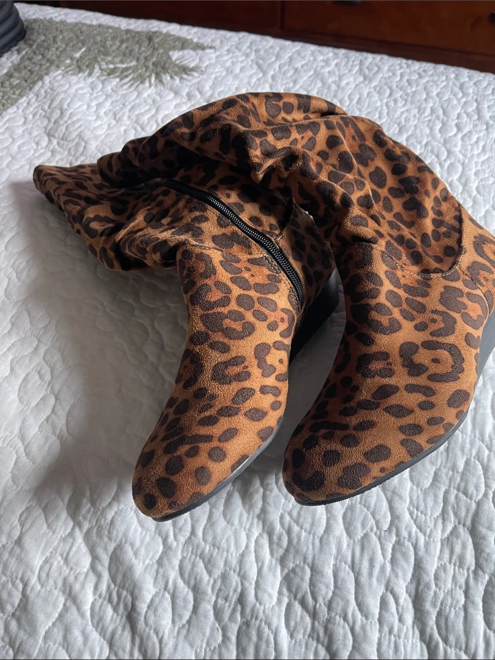 Women's Leopard Print Wedge Mid-Calf Boots - Brown